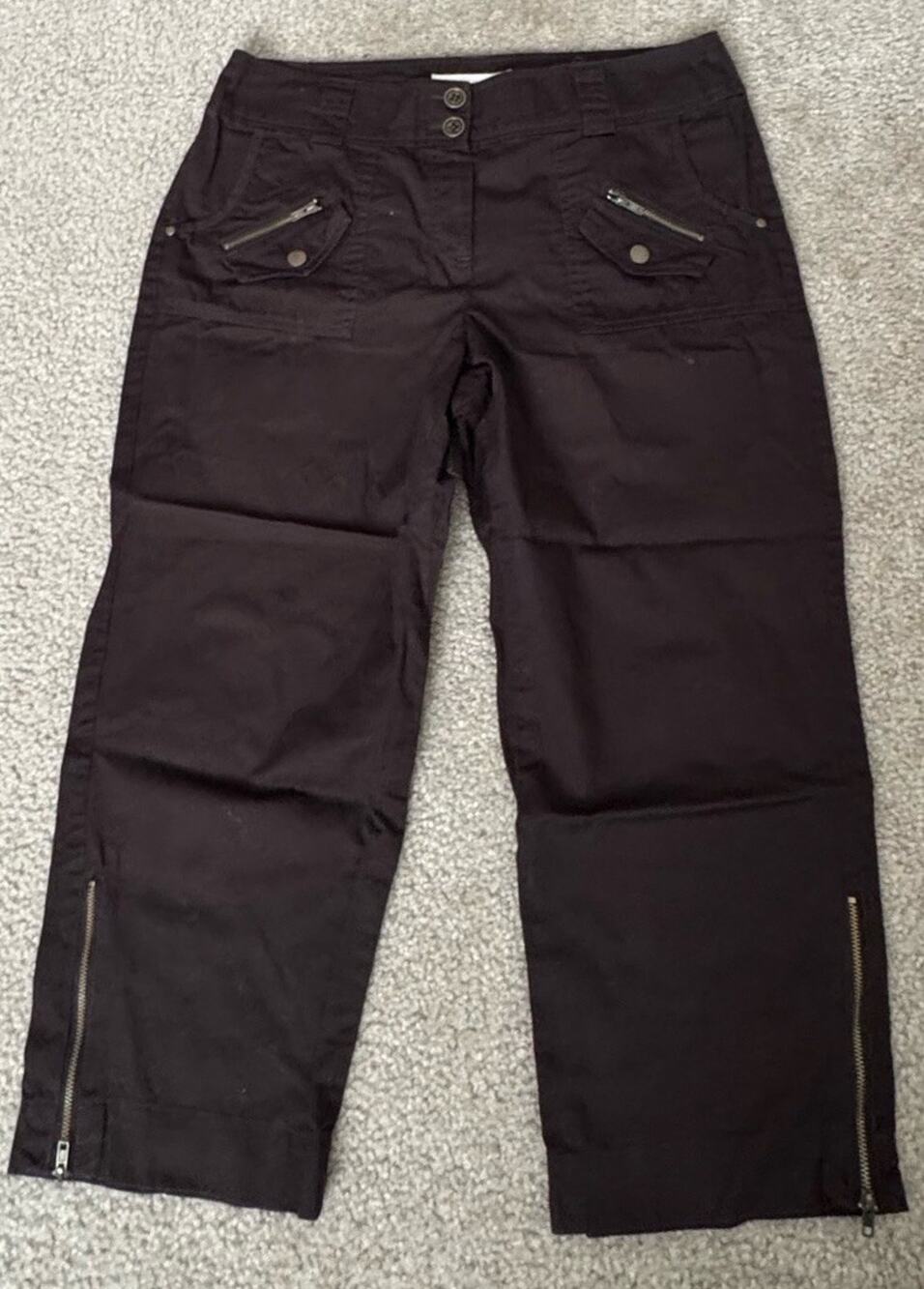 Sandro Womens 10 Brown Cargo Capri Pants Zip Hem Utility Cotton Stretch Y2K